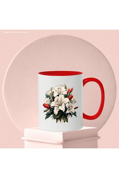 StoryGift Romania Mug With Bouquet of Lilies, Flowers, Leaves, Petals, Tulips, Multicolor 330 ml, Ceram, With ,STG