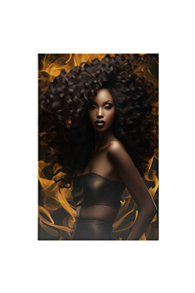 StoryGift Romania Tablou Canvas: Frumusete Exceptionala, Femeie Mulatra Cu Parul Brunet Cret In Top Negru Si Fus