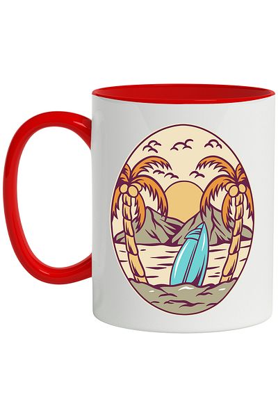 StoryGift Romania Beach Mug: Sunset, Palm Trees, Surfboard, Ocean, Clouds, Multicolor 330 ml, Ce, Cu,STG