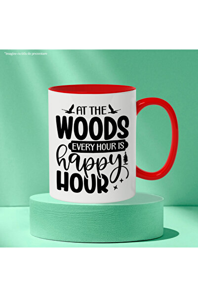 StoryGift Romania Mug with birds and the message "In the forest, any hour is a happy hour" with Red Handle, With, STG