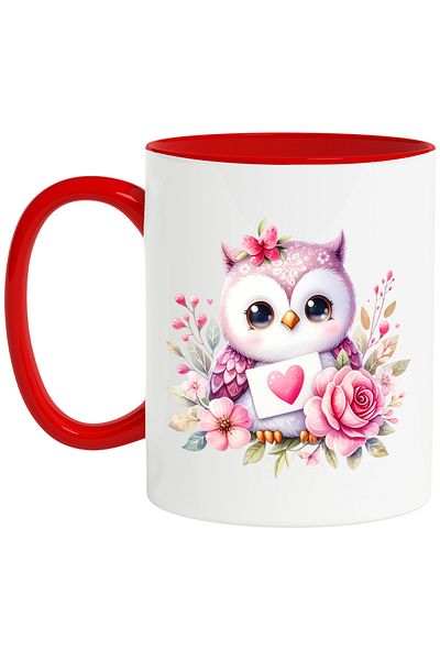 StoryGift Romania Mug with a cute owl, illustration, heart, popcorn, blushing, emotion, and, With ,STG