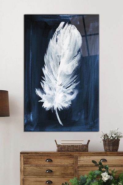 Rosyvien Pictură decorativă din sticlă verticală cu pene albe, decor de perete pentru casă și birou, cadou de lux, rezistent la spargere și zgârieturi