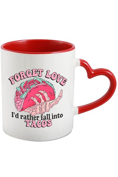 StoryGift Romania Mug with a skeleton hand holding a taco with the message "Forget love, I'd rather , With ,STG
