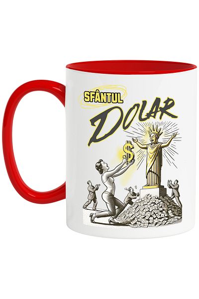 StoryGift Romania Mug statue saint dollar money lovers wealth, 330ml, Ceramic with Red Handle, With ,STG