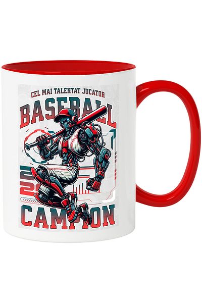 StoryGift Romania Robot Baseball Player Mug - Champion, Talented, 330ml, Ceramic with Red Handle, With ,STG