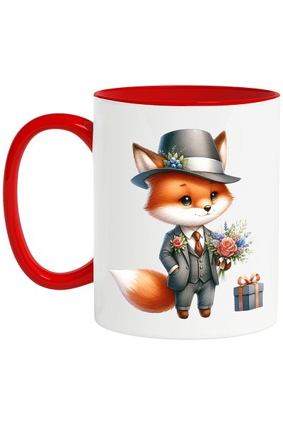 StoryGift Romania Mug with a fox in a suit, illustration, gift, bouquet of flowers, hat, but on, With, STG