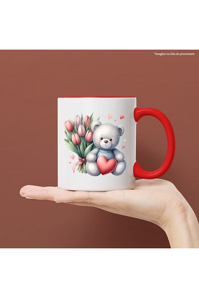 StoryGift Romania Mug with a teddy bear, illustration, red tulips, hearts, affection, gift, With ,STG
