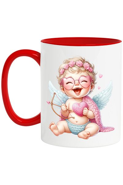 StoryGift Romania Mug with a baby Cupid, illustration, wool, poppies, wings, falling in love, Va, Cu, STG.