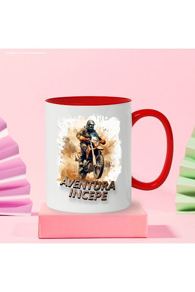 StoryGift Romania Mug With Message The Adventure Begins, Mud, Motorcycle, Helmet, Multicolor 330 ml, Sky, With, STG