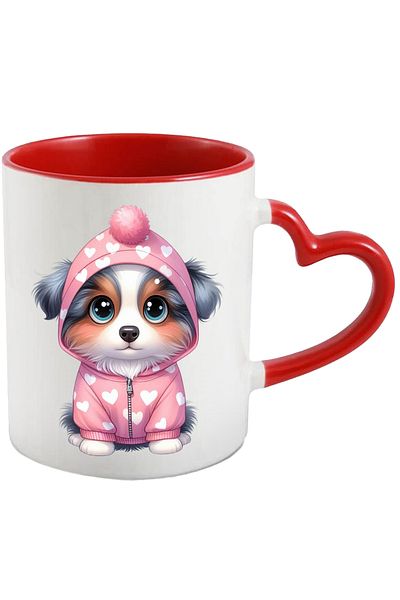 StoryGift Romania Mug with a shy puppy | illustration | blushing | wearing a heart sweatshirt, With ,STG.