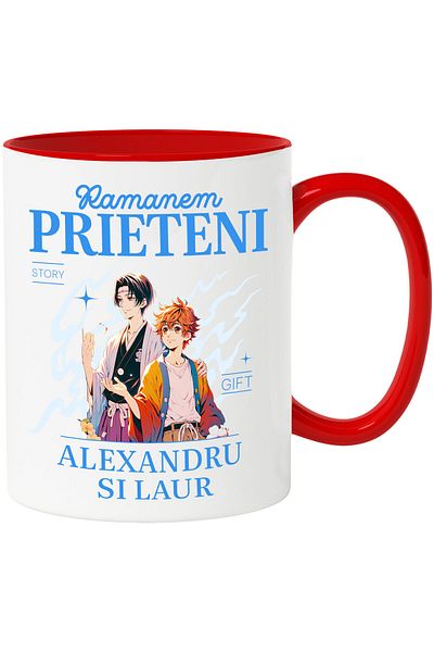StoryGift Romania Mug with Boys Anime Style Portrait Text Let's Stay Friends Alexandru and Laur, Ceram, With, STG
