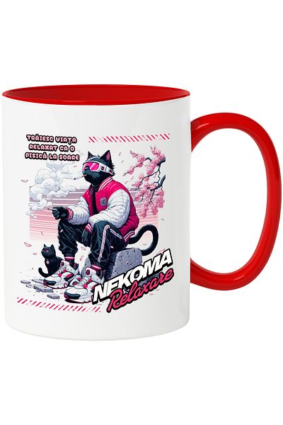 StoryGift Romania Cat with Sunglasses Mug Relax Nekoma. , 330ml, Ceramic with Red Handle, With ,STG