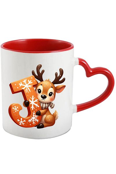 StoryGift Romania Mug with a reindeer holding the letter "J" | illustration | happiness | for children | them, With ,STG.