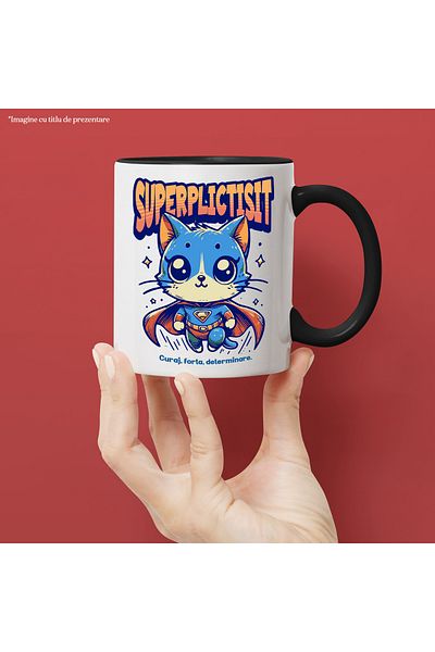 StoryGift Romania Super Bored Mug, Superhero, Flying Cat, 330ml, Ceramic with Black Handle, With M,STG.