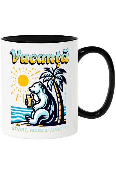 StoryGift Romania Vacation Mug with Sun, Sea and Peace relaxation, 330ml, Ceramic with Black Handle, With M,STG