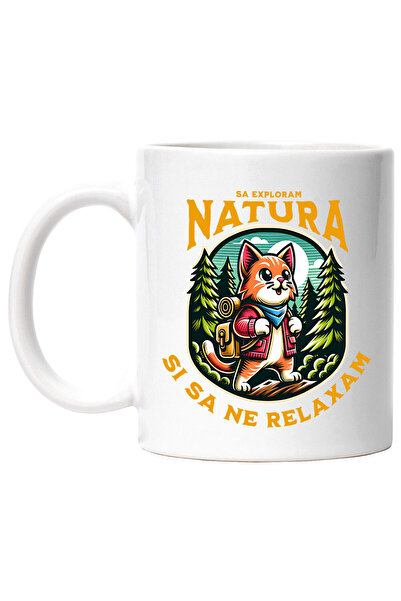 StoryGift Romania Cana cu Pisica Portocalie Cu Rucsac De Aventura Printre Mun...