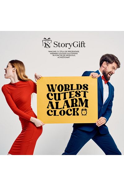 StoryGift Romania Adhesive Sticker 90CM Exterior with a clock and the text "The cutest alarm clock in the world" -