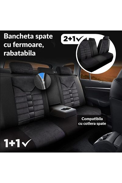 Panda Set Huse Scaune Auto Panda Toronto, tip Alcantara,pentru bancheta rabatabila, negru, 11 piese