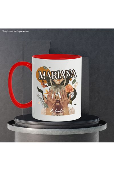 StoryGift Romania Mug With Name Mariana, Collage Girl, Butterfly, Flowers, Circle, 330ml, Ceramic with Handle, With ,STG