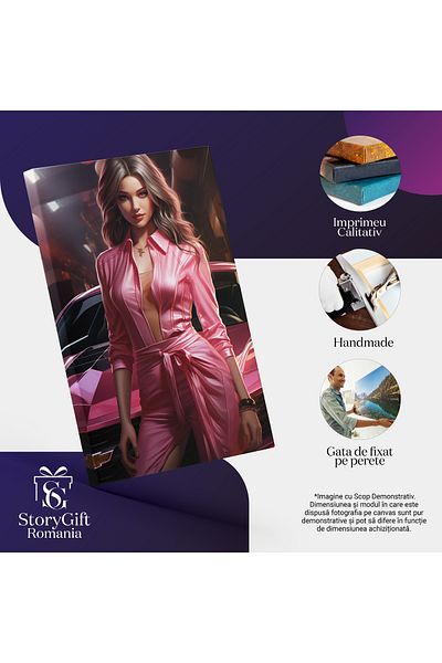 StoryGift Romania Tablou Canvas: Eleganța Vitezei Salopeta Roz Și Mașina Nouă Strălucitoare În Lumina Reflectoare
