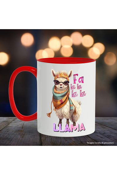 StoryGift Romania Llama mug with the message "Fa La La La La Llama", scarf, glasses, equipped, illus, With ,STG