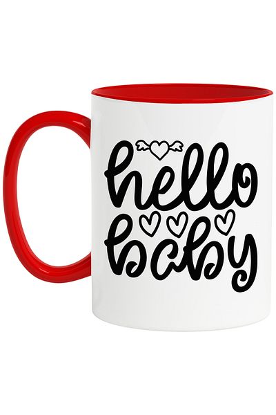StoryGift Romania Mug with hearts and the greeting "Hello, baby" - hello baby with Red Handle, With Handle, STG.