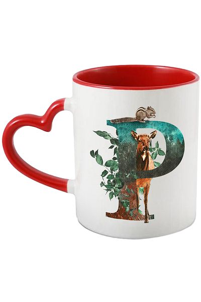 StoryGift Romania Mug With Letter, P, Squirrel, Deer, Leaves, Multicolor 330 ml, Ceramic with M, With ,STG