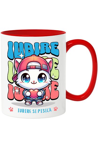 StoryGift Romania CAT AND LOVE Mug, 330ml, Ceramic with Red Handle, With Red Handle STG ,STG ,STG