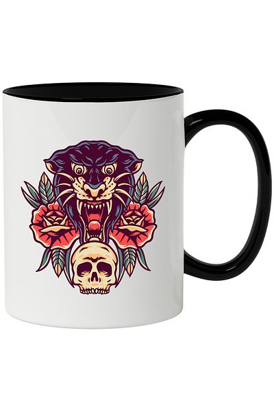 StoryGift Romania Panther Head Mug, Skull, Roses, Flowers, Fangs, Retro, Multicolor 330 , With ,STG