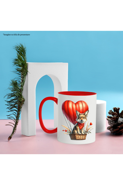 StoryGift Romania Mug with a wolf, illustration, flying with a hot air balloon, heart, wheat, affection, With ,STG