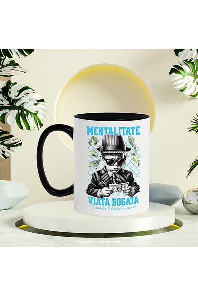StoryGift Romania Mug with Baby in mafia style costume with glasses, banknote with text Mentalitate Via, Cu, STG