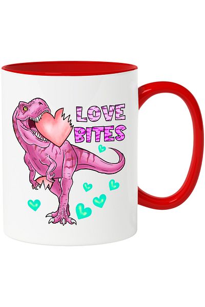 StoryGift Romania Mug with a dinosaur biting a heart with the message "Love Bites", hearts, love, With,STG