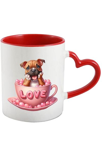 StoryGift Romania Mug with a playful puppy sitting in a cup that says "Love" | happiness |, With ,STG.