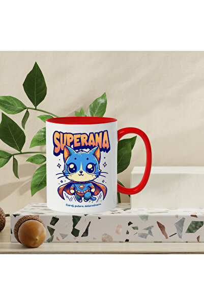StoryGift Romania Super Ana Mug, Superhero, Flying Cat, 330ml, Ceramic with Red Handle, With Red Handle, STG
