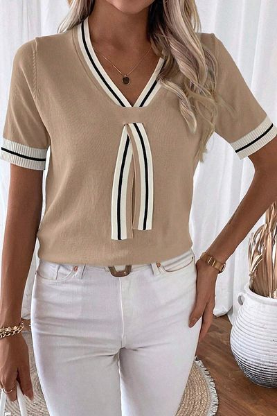 AQE FASHION Γυναικεία μπλούζα με ρίγες σε στυλ κολεγίου με λαιμόκοψη V με λαιμόκοψη σε στυλ πόλο βιζόν