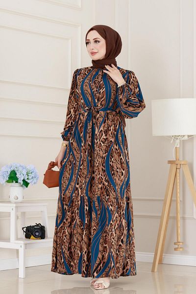 Sevitli Rochie din viscoză cu model leopard cu tunel în talie-albastru