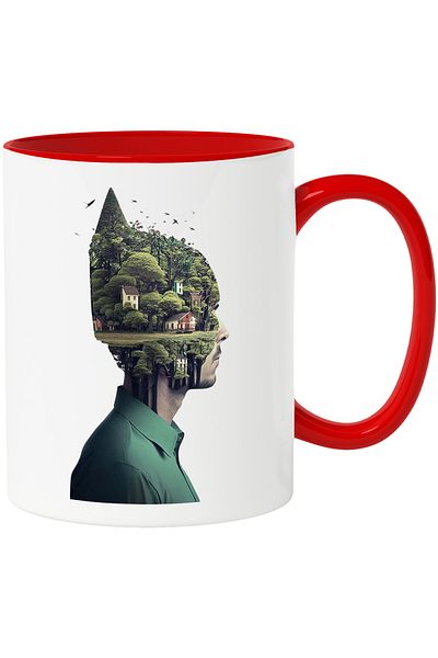 StoryGift Romania Mug with Male Portrait from Side and Landscape, Houses, Trees, Nature, Abstract Art, With ,STG
