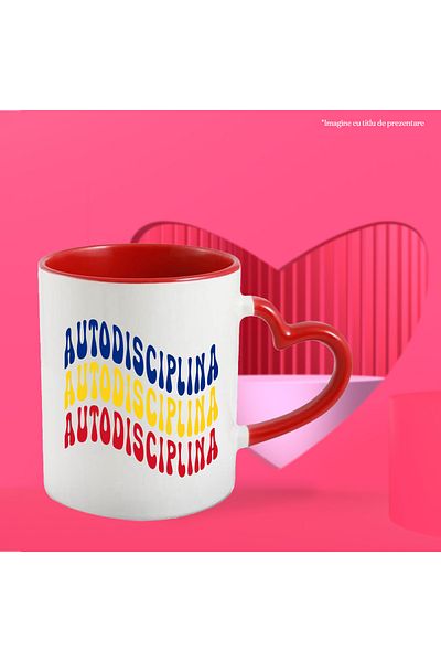 StoryGift Romania Mug with the word Self-discipline, in the colors of the Romanian flag, Red, Yellow, White, with STG.