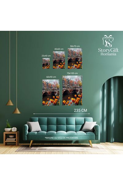 StoryGift Romania Tablou Canvas: Lalelele De Pe Marginea Canalului Podul De Peste Râu Case Simetrice Pictura Digi