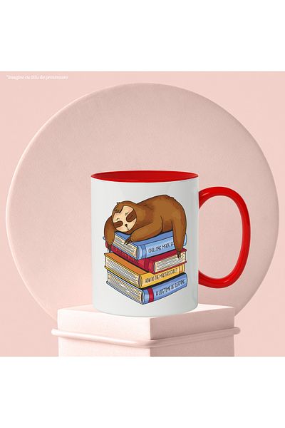 StoryGift Romania Mug With Animal, Lazy, Stack Of Books, Sleep, Relaxation, Multicolor 330 ml, Ceramics, With ,STG