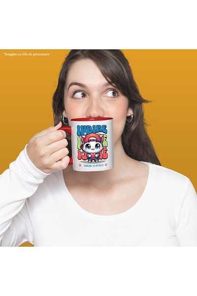 StoryGift Romania CAT AND LOVE Mug, 330ml, Ceramic with Red Handle, With Red Handle STG ,STG ,STG