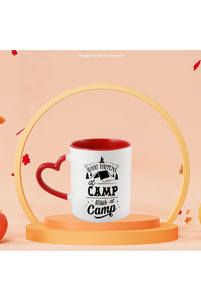 StoryGift Romania Mug with a tent in the forest and the message "What happens in camp stays in you, With ,STG