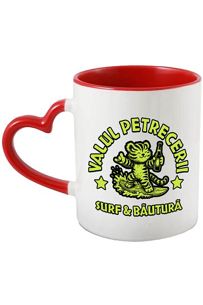 StoryGift Romania Party Wave Mug, Surf and Tiger Drink, 330ml, Ceramic with Red Heart Handle, With ,STG