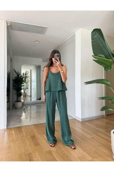My Blog Emerald Green Satin Look Blouse Trousers Suit - 51043