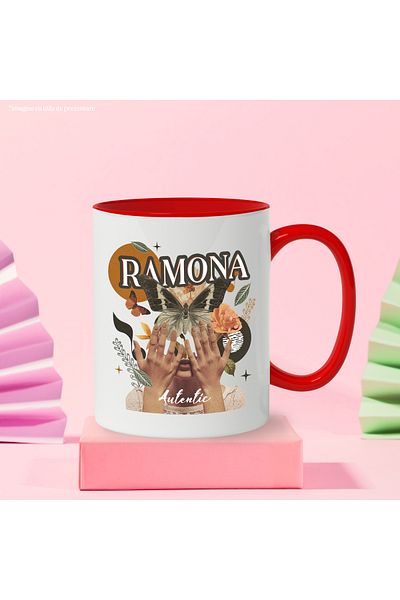 StoryGift Romania Mug With Name Ramona, Girl Collage, Butterfly, Flowers, Circle, 330ml, Ceramic with Handle, With ,STG.