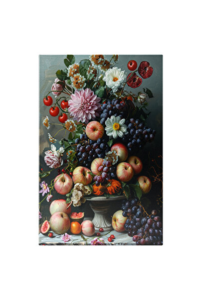 StoryGift Romania Tablou Canvas Turnul De Fructe Si Legume Proaspete Cu Flori Asezate Frumos Pe Un Platou Pe Mas