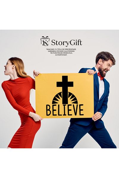 StoryGift Romania Sticker Adeziv 90CM Exterior cu o cruce si textul in engleza "Believe" - crezi , Vinyl Negru, 90 cm