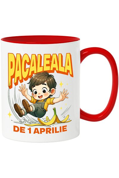 StoryGift Romania April Fool's Day Mug Child Falls on Banana, 330ml, Ceramic with Red Handle, With Ma,STG