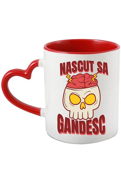 StoryGift Romania Mug Born to Think Skull with Genius Brain, 330ml, Ceramic with Heart Handle Ro, Cu, STG.