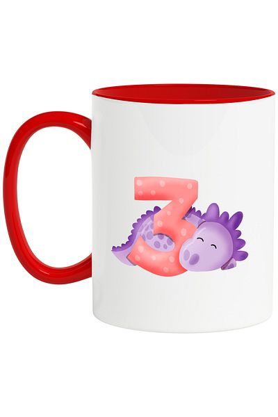StoryGift Romania Mug with a purple dinosaur with the number 3, illustration, for children, school, student, three, With, STG